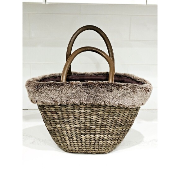 Bath & Body Works Handbags - Bath & Body Works Brown Woven Tote Large Basket Handbag Purse Faux Fur Trim
